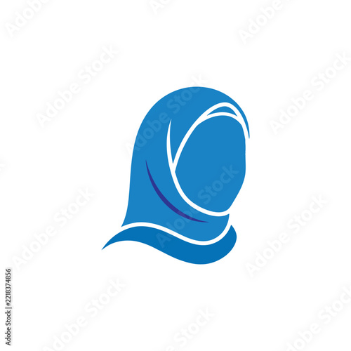 Minimalist blue hijab vector logo design representing modern Muslim woman, isolated on white background.