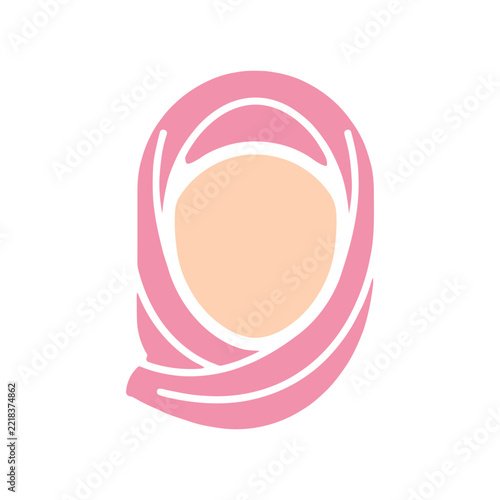 Minimalist pink hijab vector logo design with abstract face silhouette, isolated on white background.