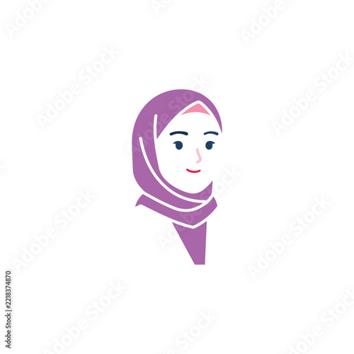 Minimalist cartoon illustration of a smiling Muslim woman wearing a purple hijab, isolated on white background.
