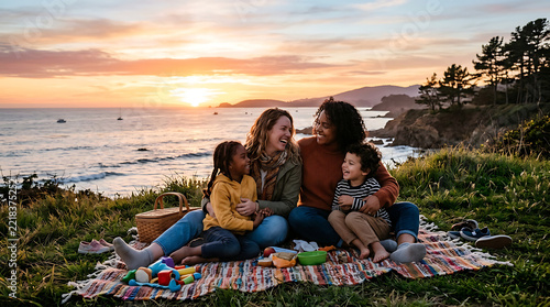 Happy diverse family enjoying a picnic on a cliffside during a beautiful sunset.