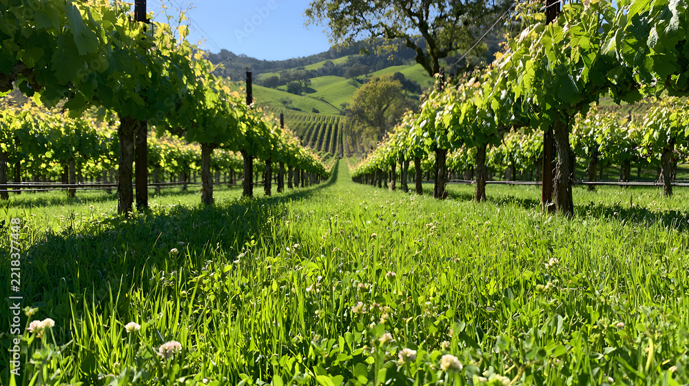 Naklejka premium Regenerative Vineyard Row Glowing Green With A Cover Crop Understory