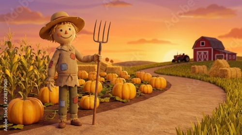 3D illustration of cute scarecrow standing near harvest farm field