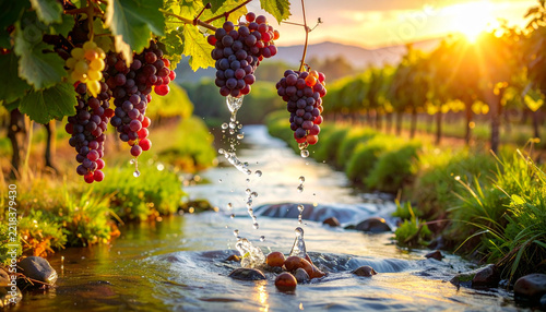 Fresh ripe grapes splashing into a stream in a sunny vineyard