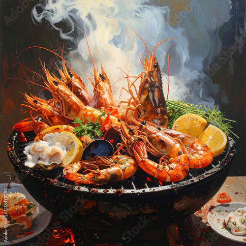 Delicious grilled king prawns and oysters smoking on a charcoal grill