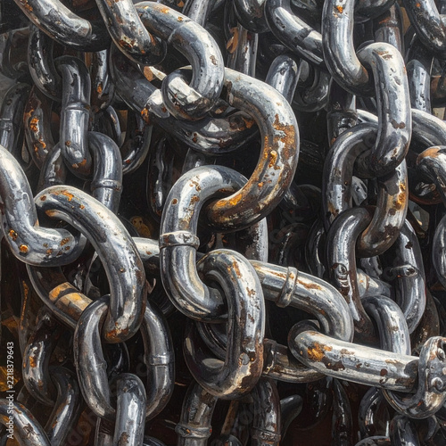 Heavy industrial steel chains with surface rust and wear