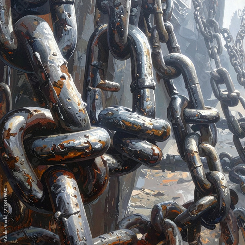 Close up of heavy rusted black industrial iron chains hanging