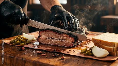 Professional pitmaster slicing smoked brisket with wooden knife at