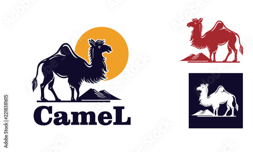 big and cute camel standing logo, silhouette of strong desert animal vector illustration