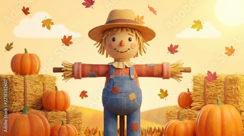 Scarecrow 3D illustration renders brightly for autumn seasonal theme design