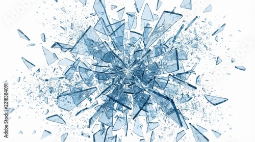 Shattered glass shards exploding outward, isolated on white background