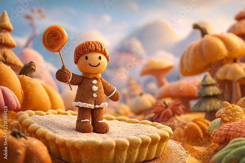 Gingerbread boy with caramel apple on pumpkin pie landscape