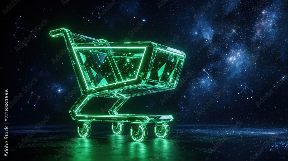 Fototapeta premium Futuristic glowing green shopping cart floats in deep space nebula. Digital commerce concept with neon light lines, crystalline texture. Virtual retail innovation icon on cosmic background with