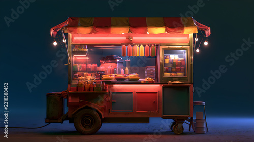 Street Food Hot Dog Cart Glowing Warm With Colorful Topping Stations