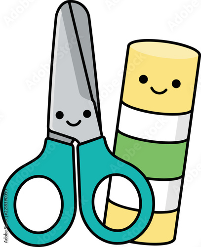 Cute smiling pair of scissors and a cute smiling glue stick, flat vector illustration isolated on white background