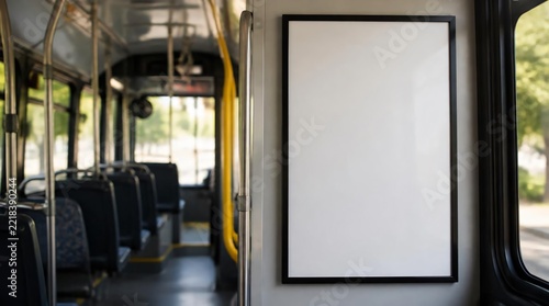 A blank white poster in a black frame inside the bus