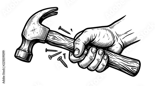 Hand holding hammer, hitting nails, vintage illustration style
