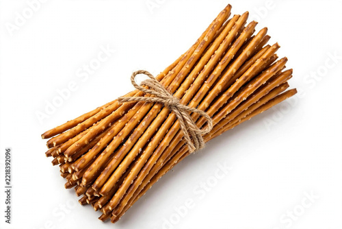 Tied bundle of thin salted pretzel sticks