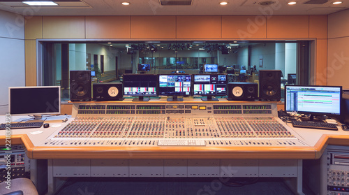 Professional audio mixing console with monitors and speakers in a broadcast studio