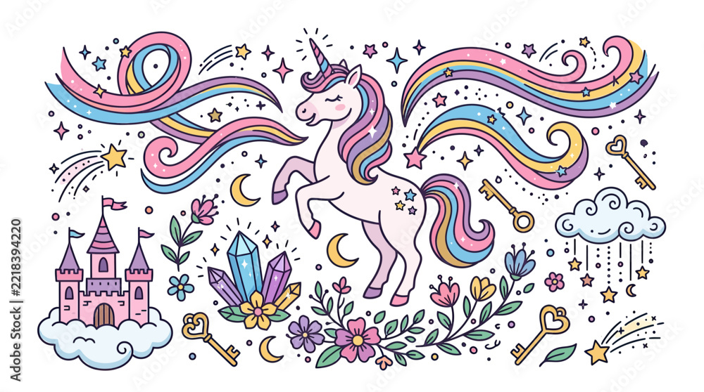 Obraz premium Cute Cartoon Unicorn with Fantasy Elements