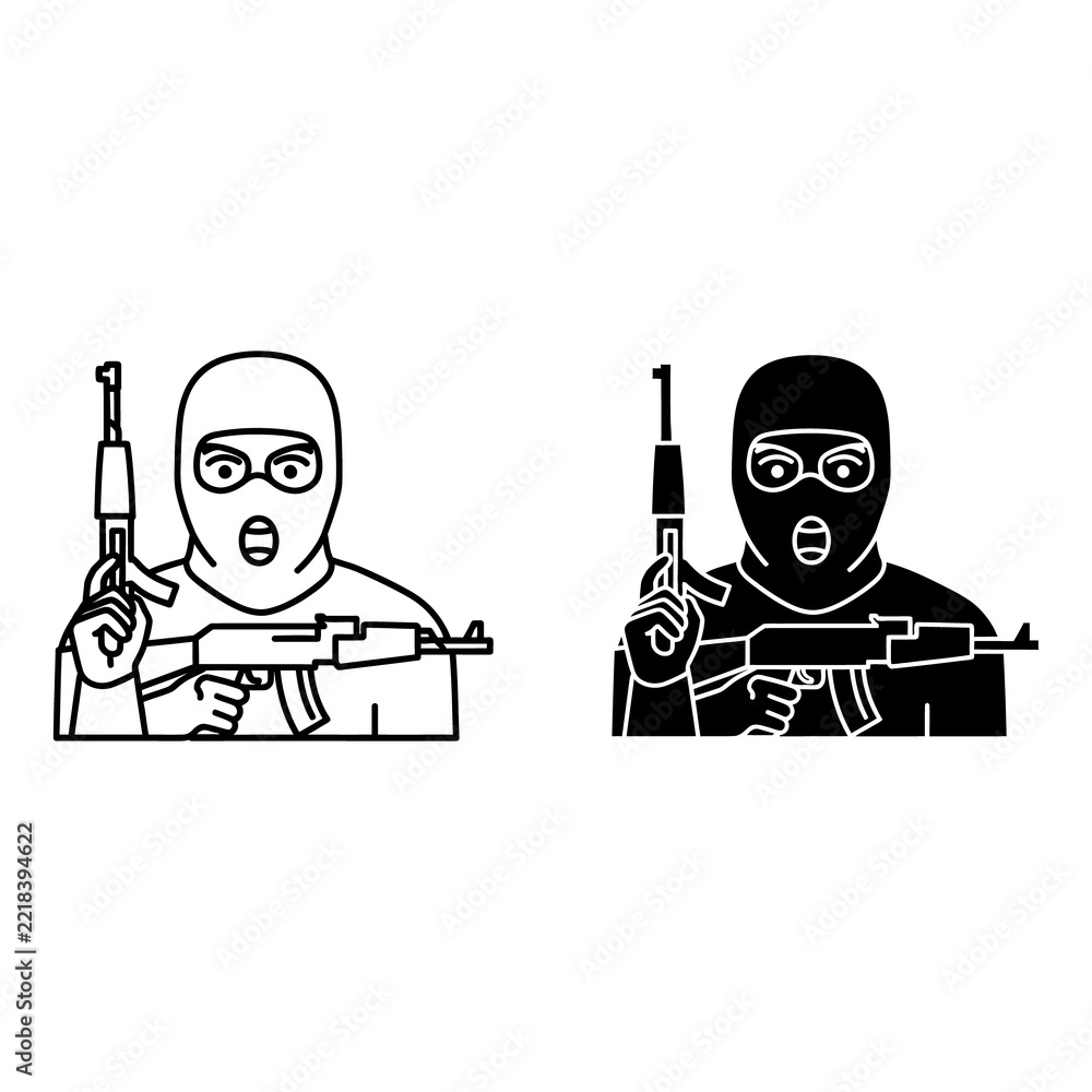 Fototapeta premium Criminal icon set showing a masked person holding an assault weapon