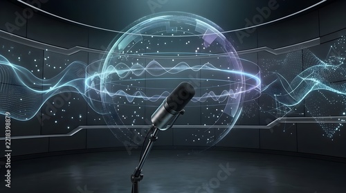 Futuristic Microphone with Digital Sound Wave Visualization