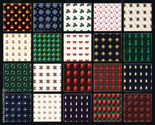 Christmas Patterns Collection with Ornaments, Holly Leaves, Stars, and Plaid Designs. Festive Holiday Background Textures for Seasonal Design.