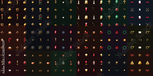Medieval Emblems and Heraldic Symbols Collection with Shields, Crowns, and Various Decorative Elements. Detailed Design for Fantasy Themes.
