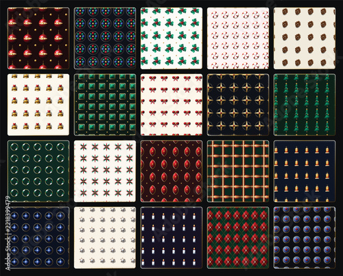 Patterns Showcasing Festive Ornaments, Foliage, and Plaid Designs in a Variety of Color Combinations. Holiday Textile Design Elements.