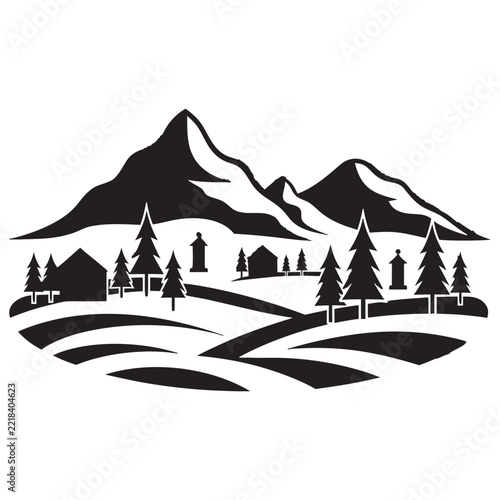 Nordic Winter Village with Snowy Pine Trees Silhouette Vector