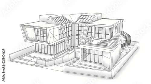 Abstract 3D architectural wireframe model of an angular modern residence