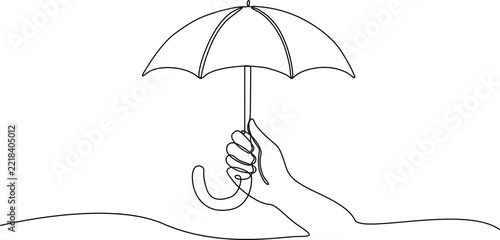 Continuous line drawing of a hand holding an umbrella, minimalist protection concept vector, simple black and white insurance and safety symbol