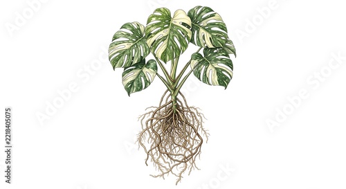 Watercolor Illustration of Variegated Monstera Albo Plant with Roots