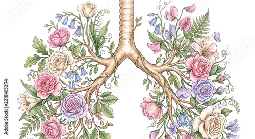 Artistic Botanical Human Lungs Anatomy with Blooming Flowers Watercolor