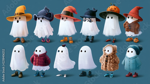 Cute Ghost Characters with Hats, Clothing, Shoes and Accessories, Whimsical Halloween Illustration