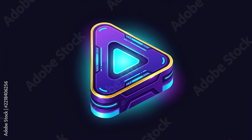 Futuristic play button icon with glowing purple and blue neon lights