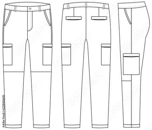Men's long cargo pants  pocket zipper vector illustration.
