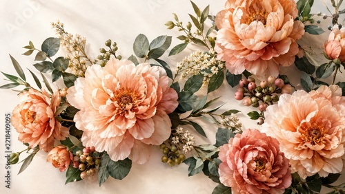 A floral arrangement of soft peach peonies, green eucalyptus leaves, and small berry sprigs peony de