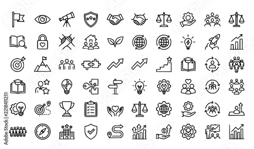 Corporate culture line icon set with vision, mission, values, teamwork, handshake, integrity scales, leadership, growth, innovation, trophy and company goals