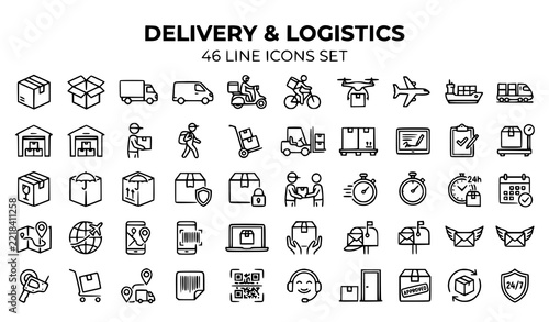 Delivery and logistics line icon set with package box, truck, courier, drone, warehouse, forklift, tracking, barcode, QR code, mailbox and 24/7 support