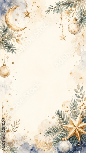 Watercolor christmas frame with moon, stars, and ornaments, festive border illustration. holiday season decor, winter scene, elegant background for greeting cards and invitations. COPY SPACE