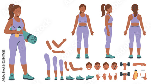 Fitness woman character creator kit for sports and workout projects.