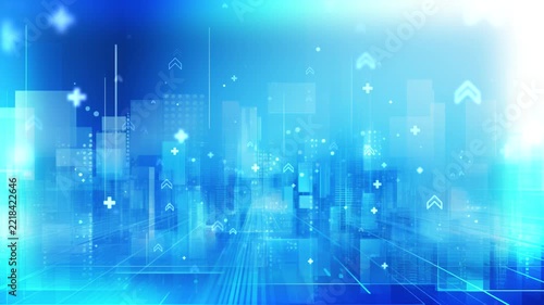 Futuristic Blue Smart City Skyline with Glowing Arrows and Plus Symbols