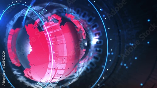 Futuristic Red Digital Globe Surrounded by Glowing Blue Technology Rings