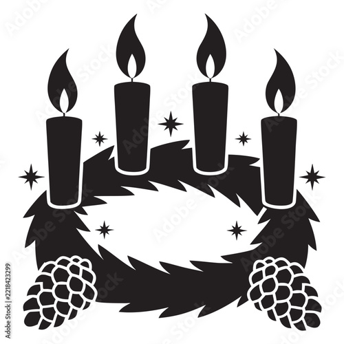 Four Advent Candles and Evergreen Wreath Silhouette Vector