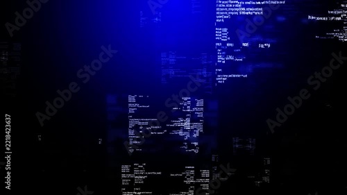 Dark Blue Abstract Background with Floating Programming Code Text Fragments