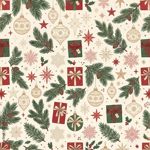 Elegant Christmas Ornaments and Pine Seamless Pattern