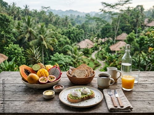 Tropical breakfast overlooks lush jungle valley.