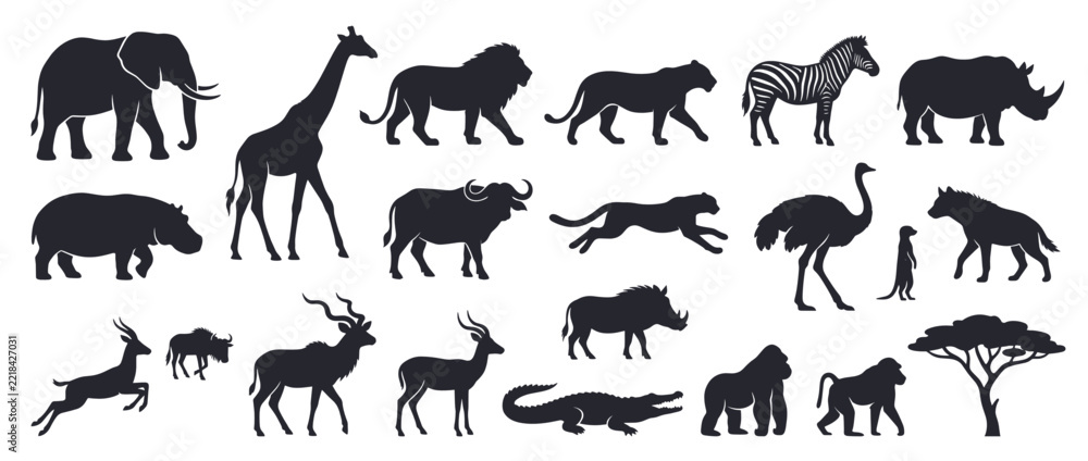 Fototapeta premium Black and white animal silhouettes on transparent background. Prehistoric and modern creature outlines. Elephant, giraffe, zebra, ostrich, rhino, tiger, deer, fox, crocodile, alligator, antelope,.