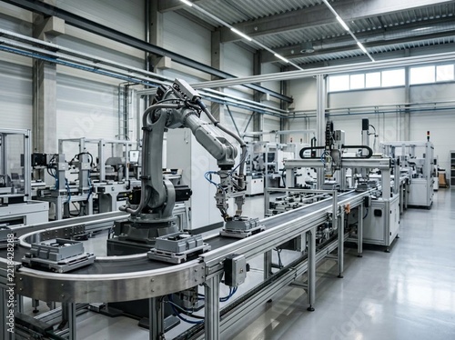 Industrial robot arm on conveyor belt in modern factory