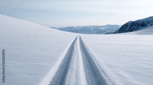 A fresh ski track leading across a vast, snow-covered landscape under a clear sky. The smooth track suggests a recent passage, inviting adventure into the pristine wilderness.